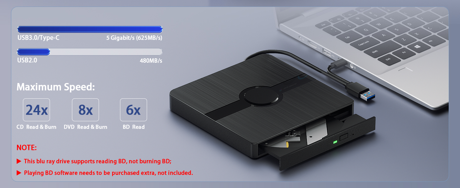 External Blu Ray Drive, USB 3.0 and Type-C Blu Ray Drive with Extension Data Cable, Portable Blu Ray