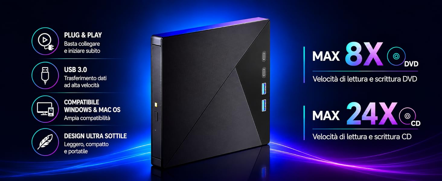 External CD DVD Drive for Laptop PC, External DVD CD Burner, USB 3.0 Type C External CD Drive