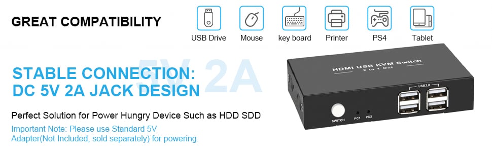 Rybozen KVM Switch HDMI 2 Port Box,USB and HDMI Switch for 2 Computers  Share Keyboard Mouse Printer and one HD Monitor, Support HUD 4K (3840x2160),with  2 HDMI and 2 USB Cables 