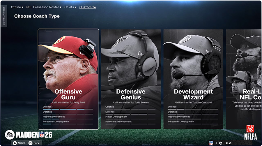Madden NFL 26 Franchise mode screenshot showing NFL head coach on sideline with coaching archetypes and Weekly Strategy customization