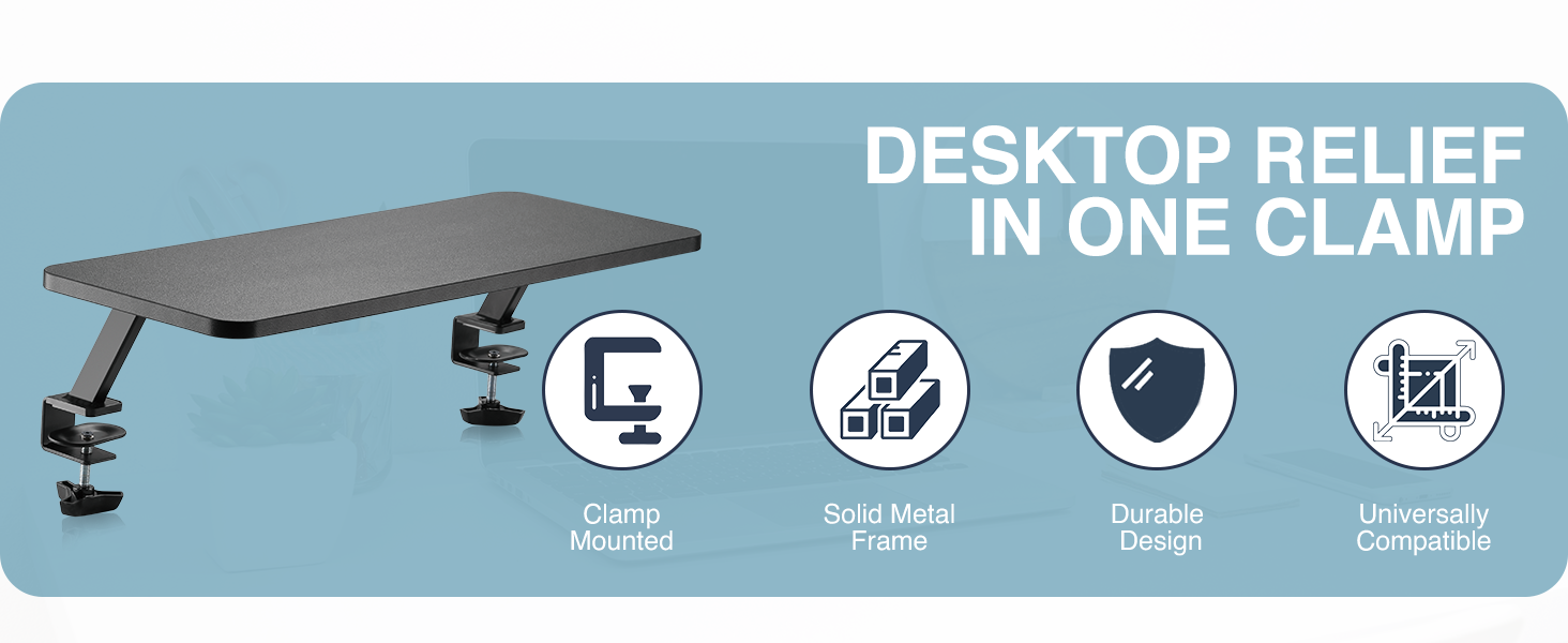 monitor riser, desk shelf, monitor stand, clamp-on shelf, ergonomic riser, space-saving shelf