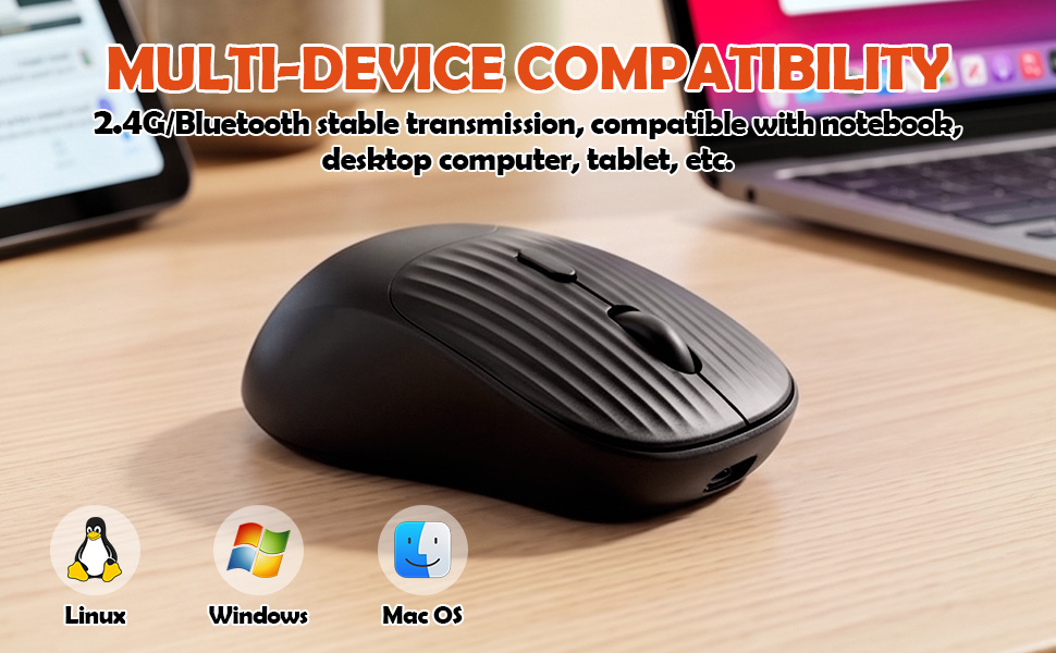 Wireless Bluetooth Mouse, Dual Mode Rechargeable Silent Slim Laptop Mouse, Portable(BT5.2+USB Receiv