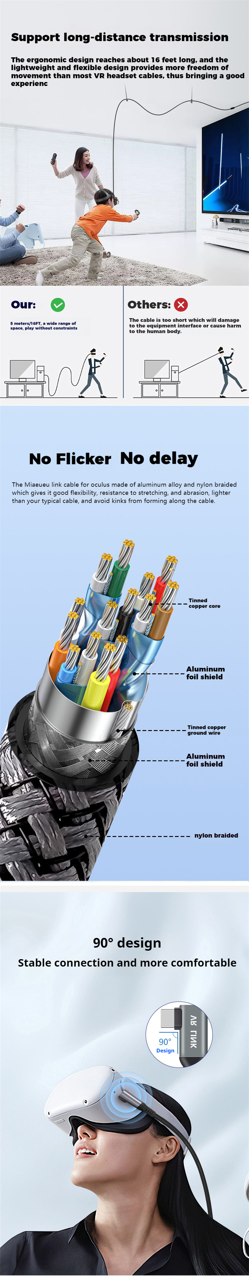 The Miaeueu link cable for oculus made of aluminum alloy and nylon braided which gives it good flexi