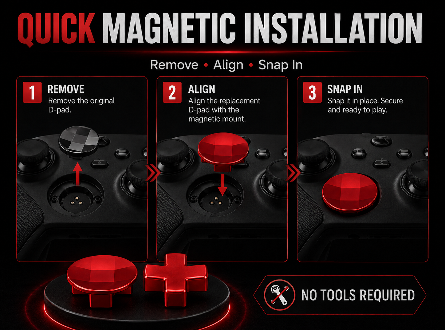 quick magnetic installation, tool-free installation, easy d-pad replacement