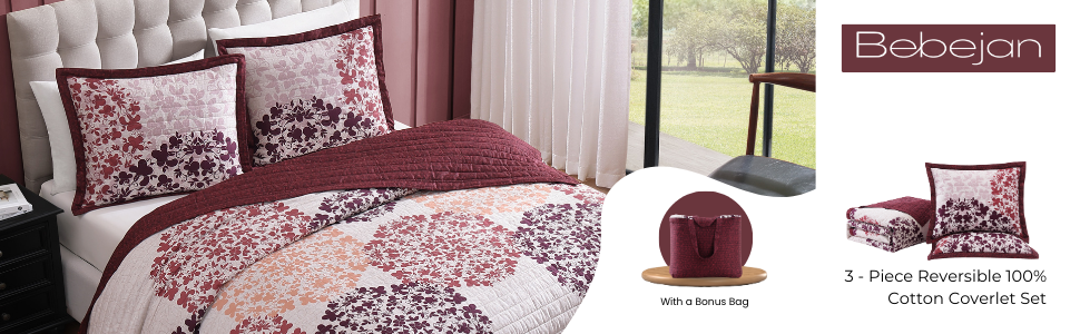 Bebejan Rosewood Harmony 100% Cotton Sateen 3 Piece Reversible Quilted Coverlet Set
