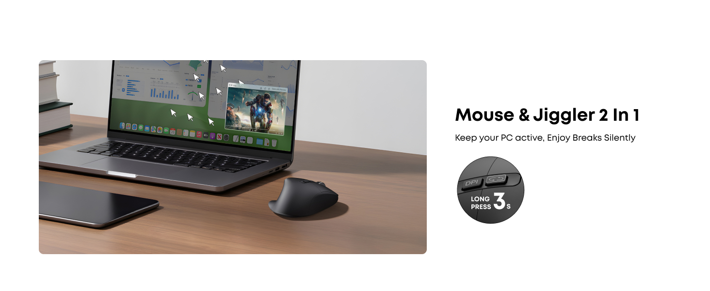 Ergonomic Rechargeable Mouse with Jiggler, Bluetooth + 2.4G Wireless + Wired (3 in 1) Connection, Ma