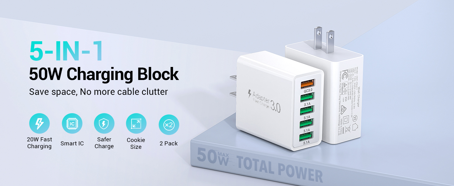 50W USB Wall Charger Block, [2 Pack] 5-Port Charger Fast Charging Block QC 3.0 Multiport Box Brick C