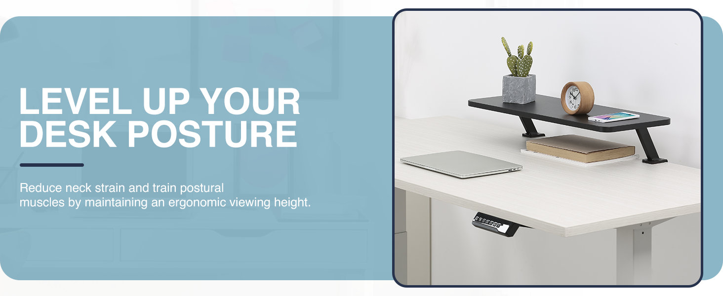 monitor riser, desk shelf, monitor stand, clamp-on shelf, ergonomic riser, space-saving shelf