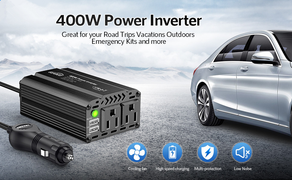 400W Power Inverter DC 12V to 110V AC Car Charger Converter with 4.8A Dual  USB Ports and 2 AC Outlets Car Adapter (Black)