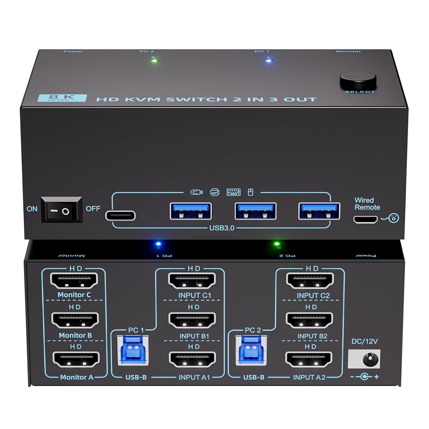 KVM Switch 3 Monitors 2 Computers 8K@60Hz/4K@120Hz, Triple Monitors HDMI KVM Switches for 2 PC Shari