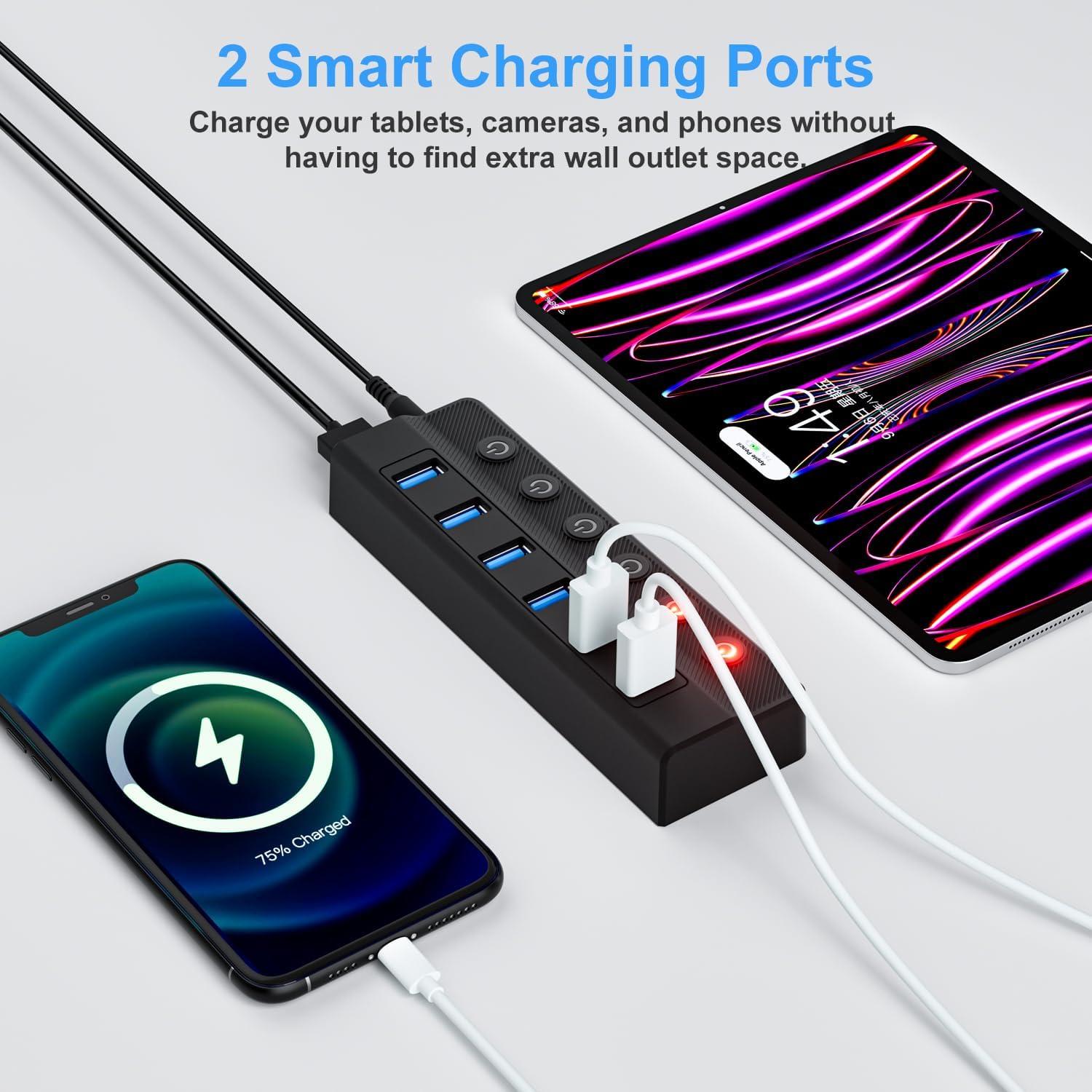 Powered usb hub offers additional 2 charging dedicated port, you can charge your tablets, cameras, a