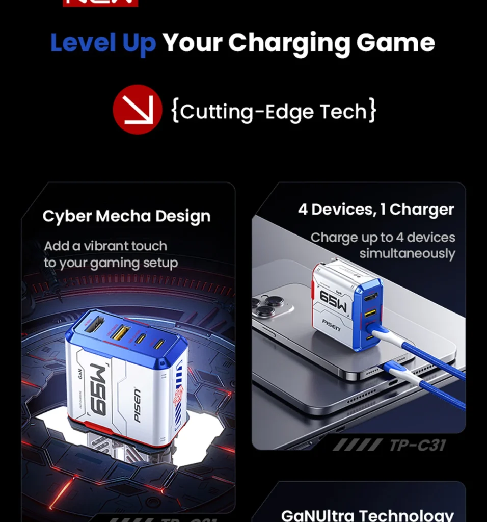PISEN Gamer Utility 65W 4-Port GaNHub Fast Charger