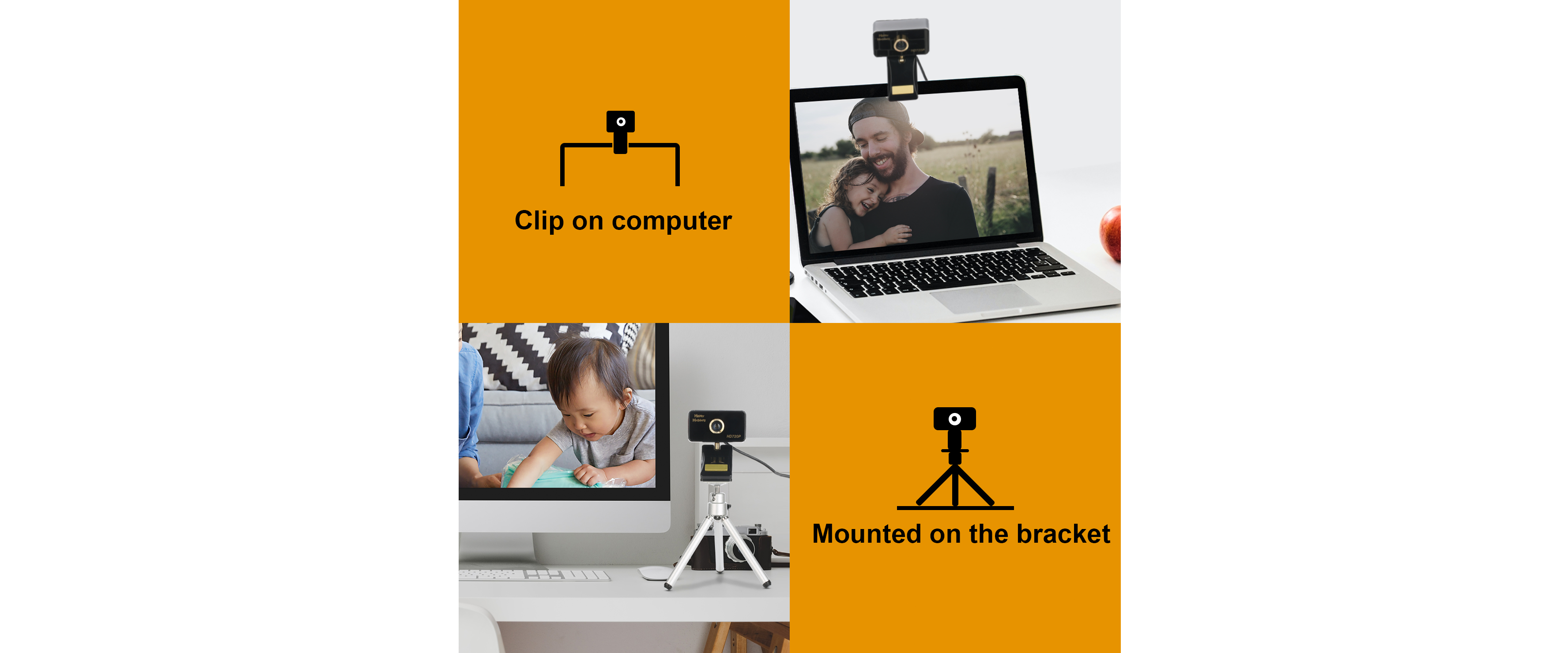 Webcam two installation ways, clip on laptop screen or mount on tripod