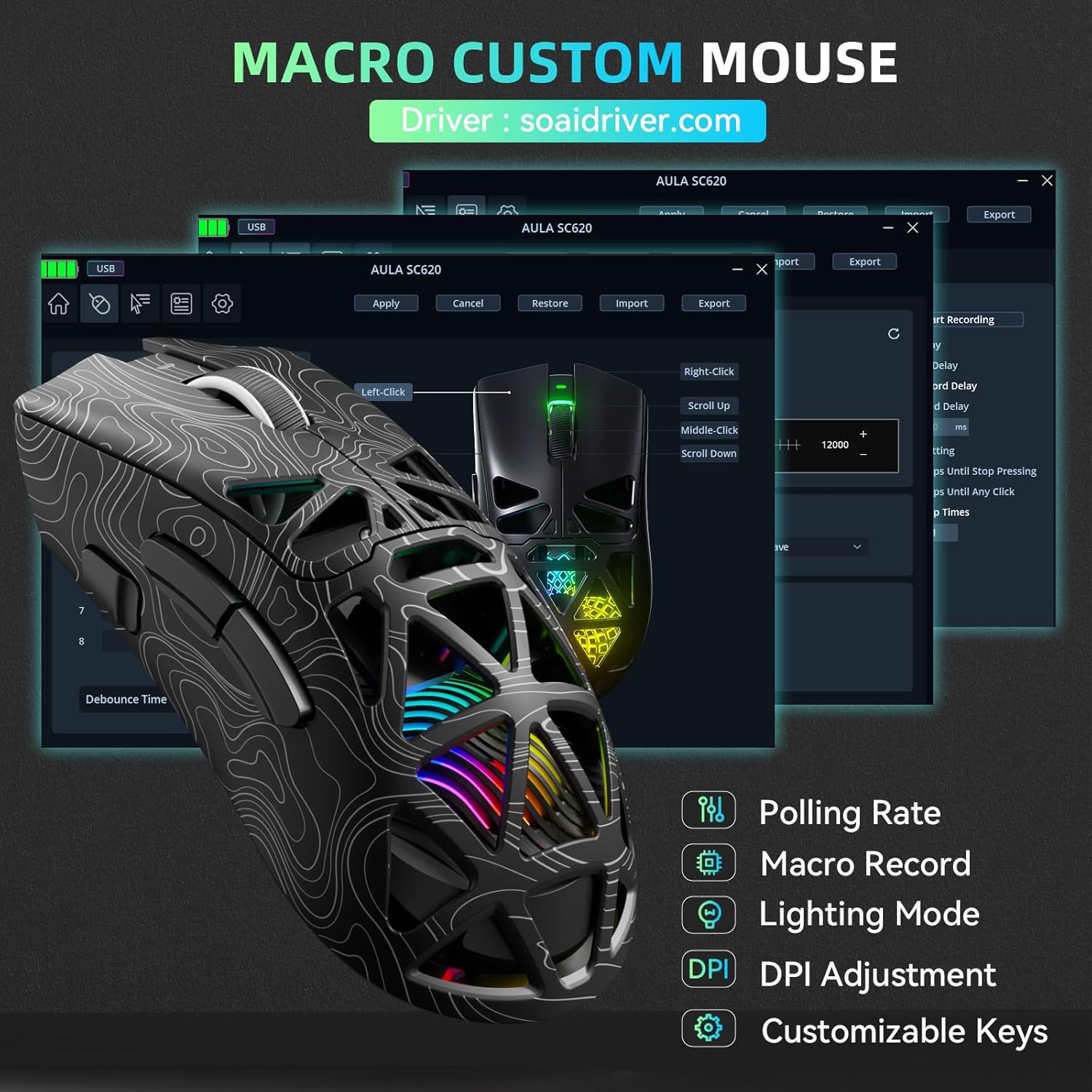Wireless Gaming Mouse, Tri-Mode 2.4GHz/USB-C/BT5.3 Computer Mouse with 12000 DPI