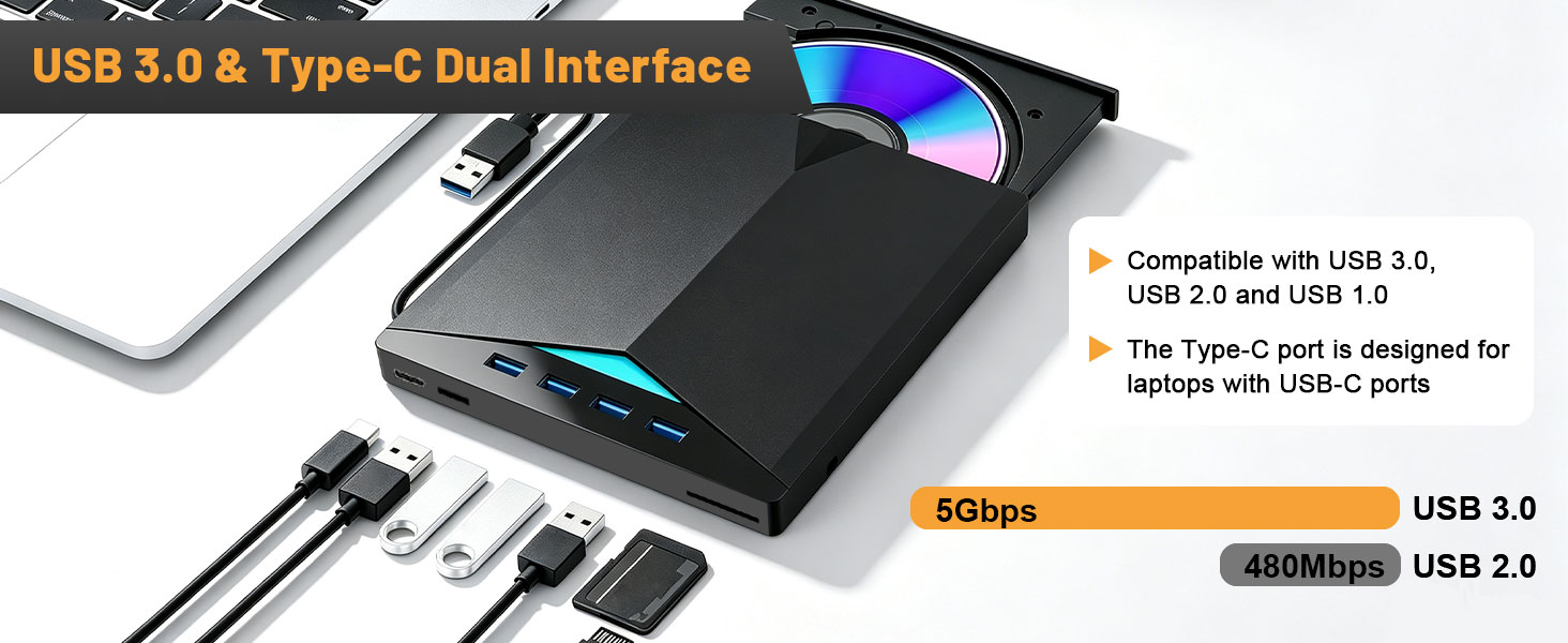 External CD DVD Drive for Laptop, USB 3.0 & Type-C Portable CD DVD +/-RW Burner Writer Reader with S