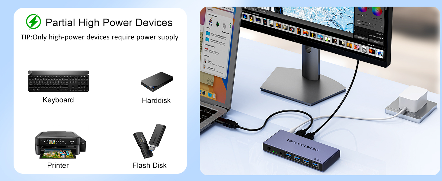 2-in 7-Out USB 3.0 Switch, USB Switcher for 2 Computers Share 7 USB Devices