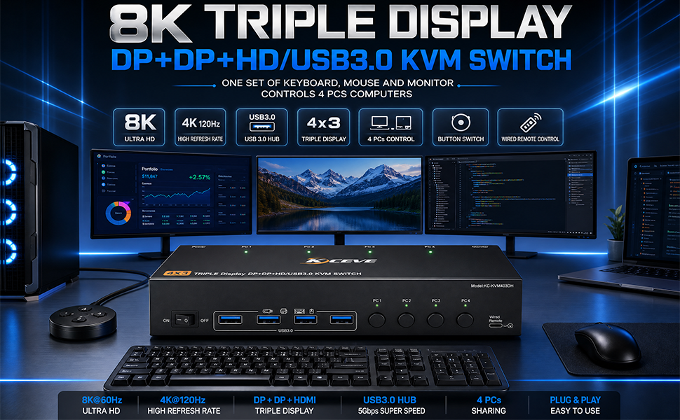 KVM Switch 3 Monitors 4 Computers 8K@60Hz 4K@144Hz | Triple Monitor 1 HD-MI + 2 DisplayPort KVM Swit