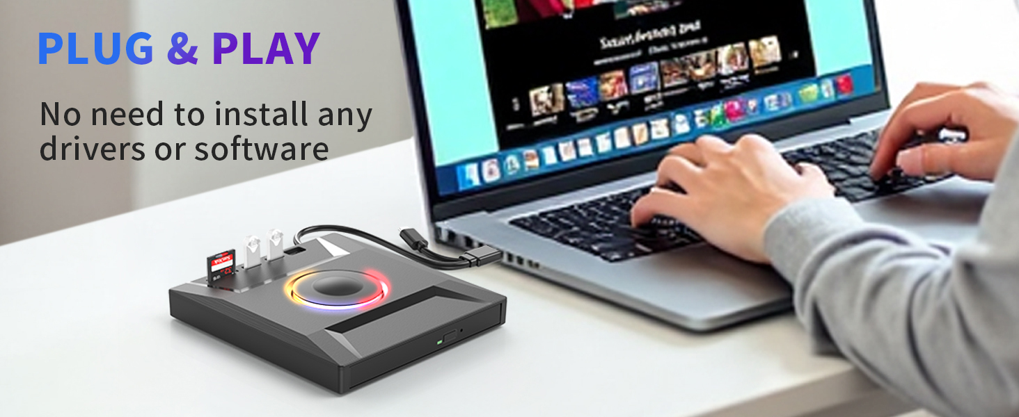6 in 1 External DVD Drive, USB 3.0 & Type-C CD Burner Player with 3 USB Ports and 2 TF/SD Card Slots