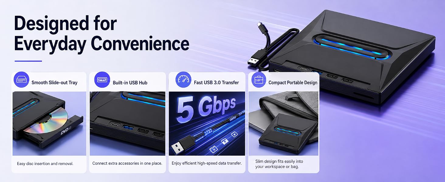 USB 3.0 Type C External CD/DVD Drive with Light Function, Portable Type-C DVD+/-RW Optical Disk Driv