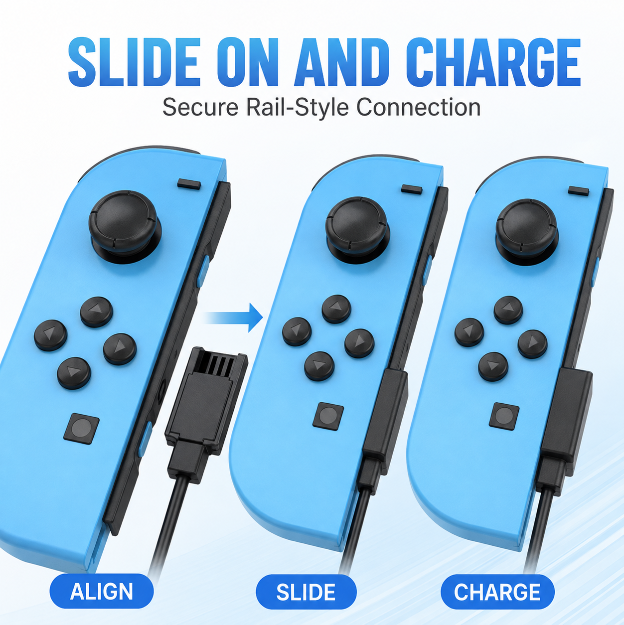 Joy-Con rail charger, slide-on charging connector, controller rail charging cable
