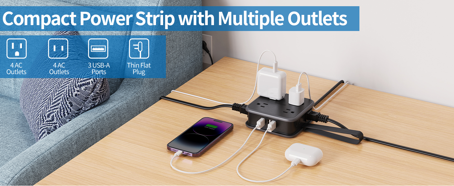 3 Side Outlet Extender - 8 Widely Outlets with 3 USB Ports