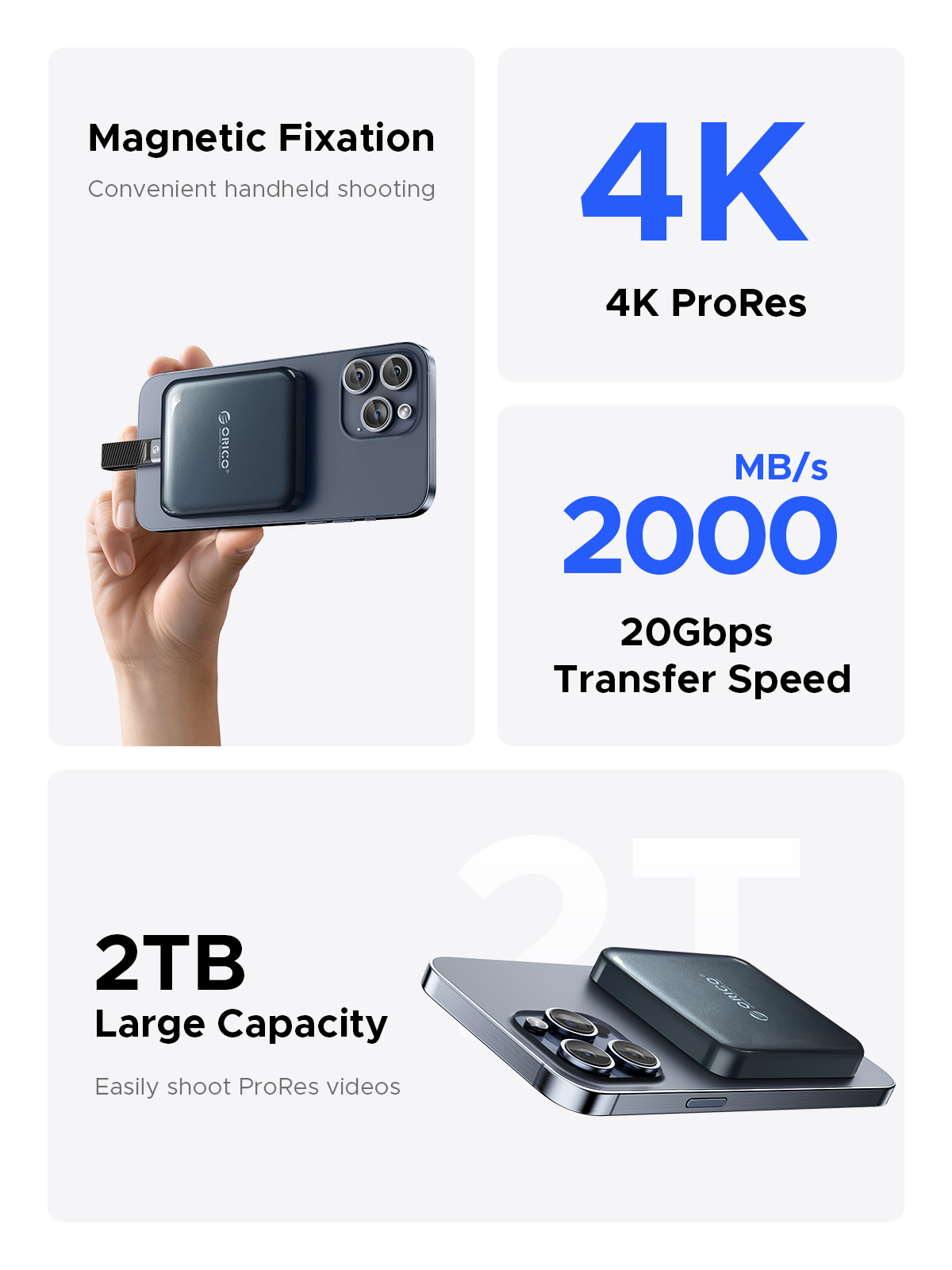 ORICO Magnetic External SSD, 4K ProRes HDR Record and Store, 2000MB/s Stable Transmission and S