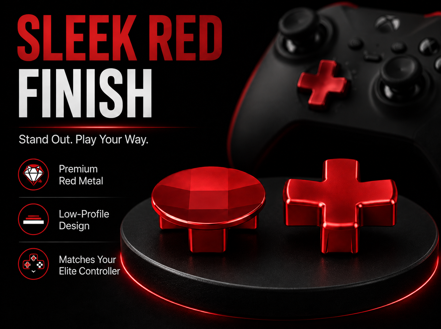 sleek red finish, red metal d-pad, premium red controller accessory