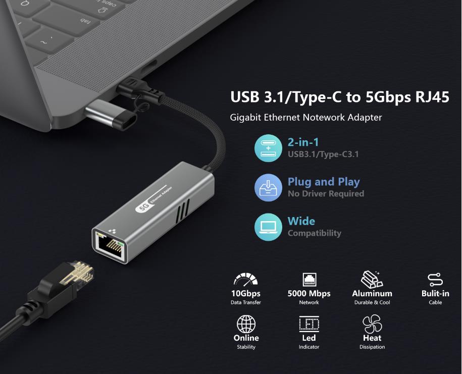 USB to Ethernet Adapter 5Gbps, Aluminum Driver Free USB-C to RJ45 5000Mbps Gigabit Ethernet LAN Netw