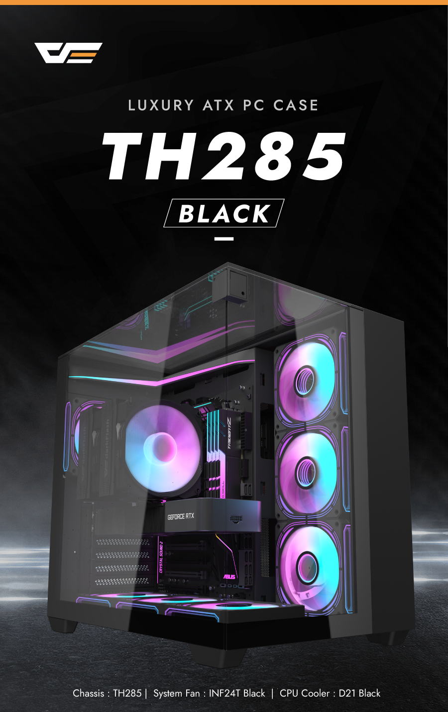 darkFlash TH285,ATX Mid-Tower Gaming Case,Triple-Sided Tempered Glass, 4× Pre-Installed Fans