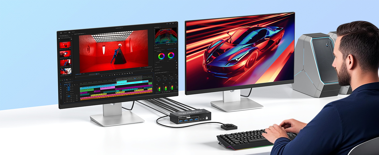 HDMI + DP KVM Switch 2 Monitors 2 Computers 4K@60Hz, HDMI + Displayport Dual Monitor KVM Switches