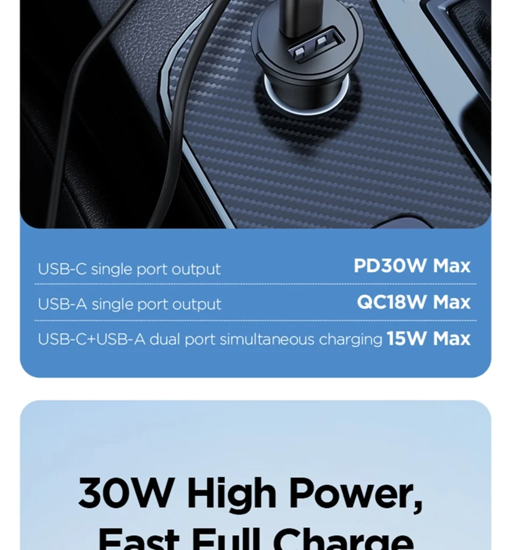 PISEN Quick Type-C+USB-A 30W Mini Car Charger