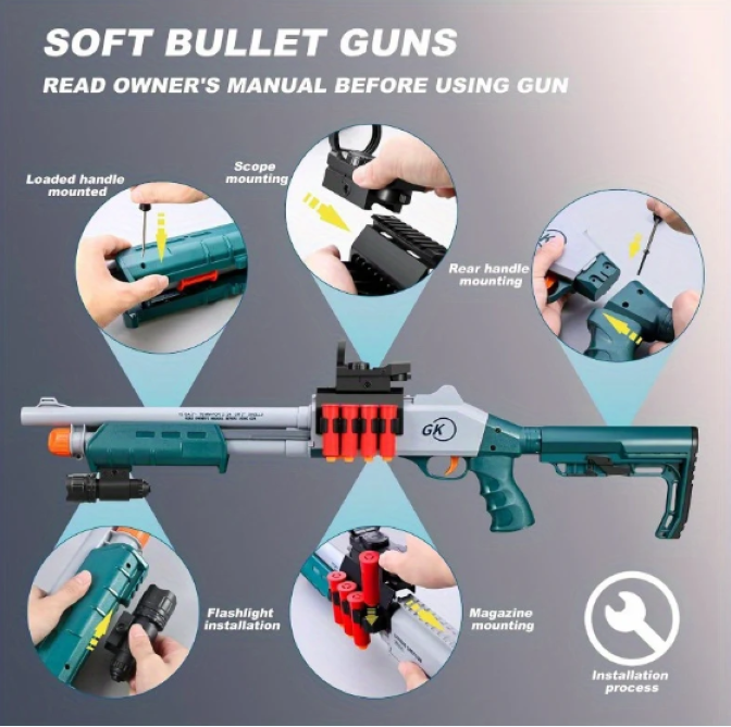 Shotgun Model Toy Manual Loading Foam Toy Gun Shell Projectile Soft Bullet Design, Suitable for Outd