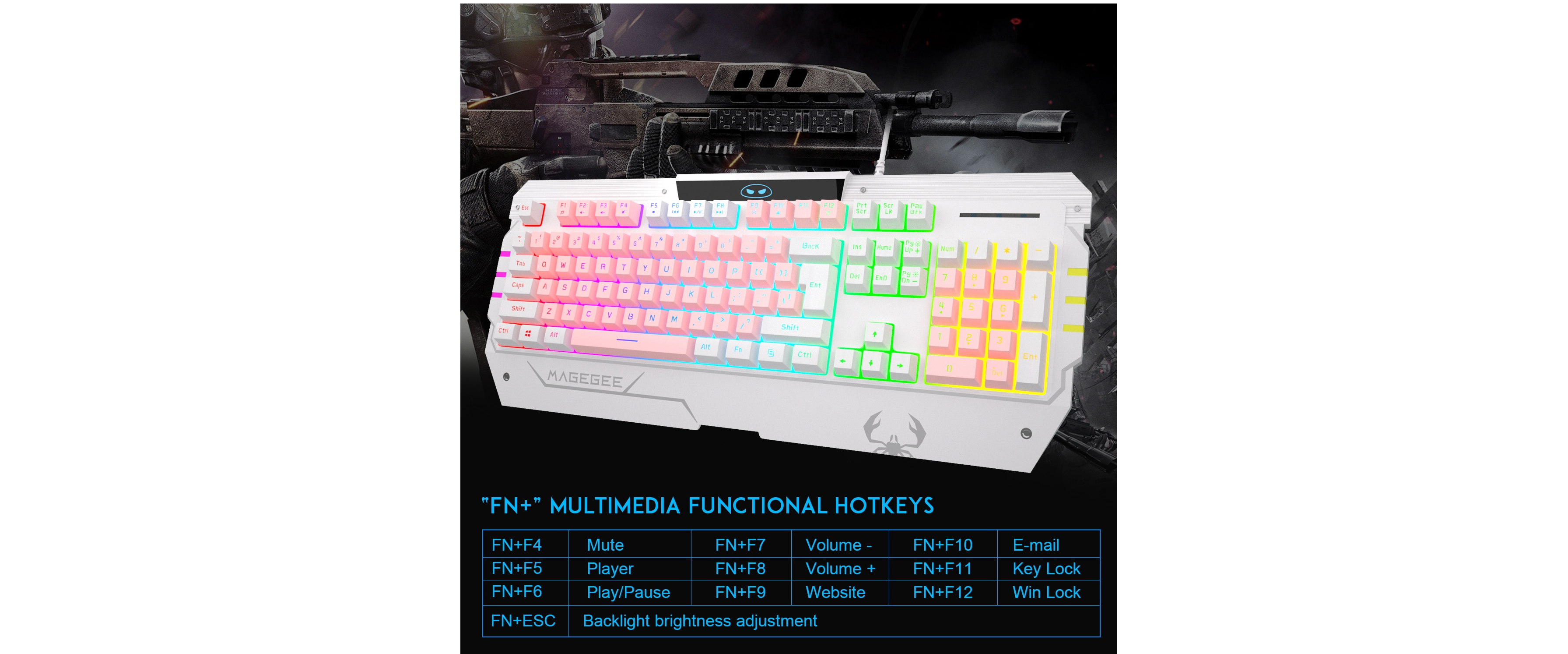 INMISS wired gaming keyboard, FN multimedia hotkeys, rainbow backlight, gaming backdrop