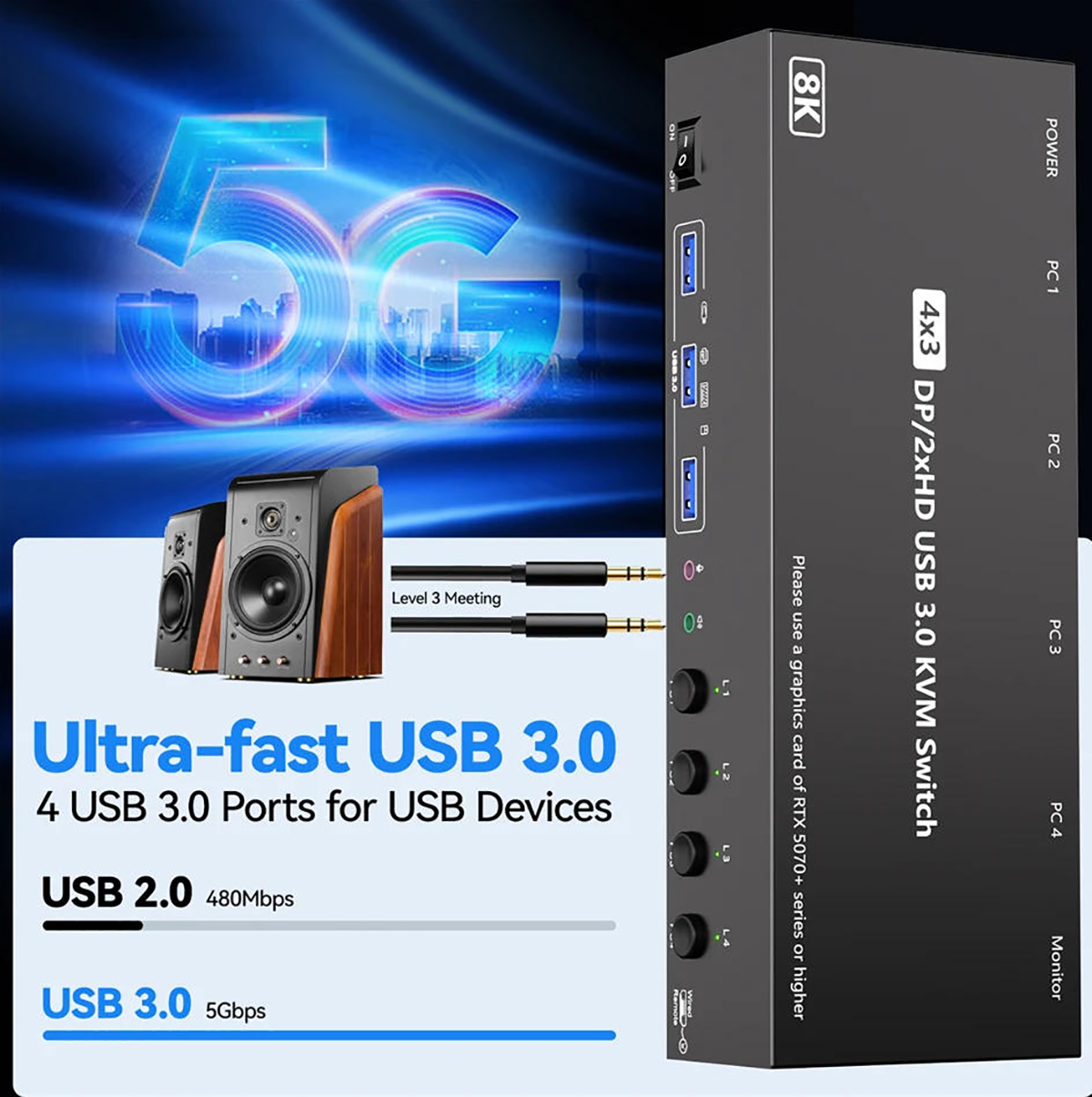 Note: Please connect the 12V DC power adapter to provide sufficient power. Using a shorter 8K HDMI +