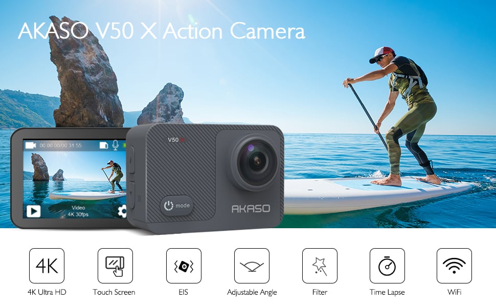 NEW-local stock】AKASO V50X 4K WiFi Action Camera Touch Screen Sports  Camcorder 4X Zoom 131ft Waterproof External Mic Remote Control