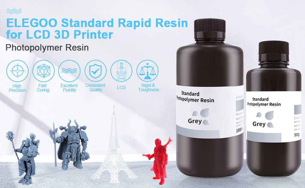 ELEGOO Standard LCD 3D Printer Resin, Fast UV-Curing 3D 405nm UV Resin  Photopolymer Resin for High Precision Rapid LCD 3D Printing Grey 1000G 