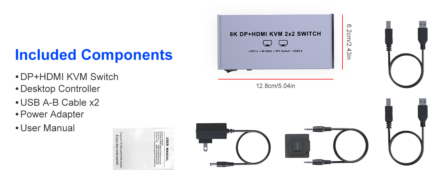 USB3.0 Displayport + HDMI KVM Switch 2 Monitors 2 Computers, 8K@60Hz Dual Monitor KVM Switch