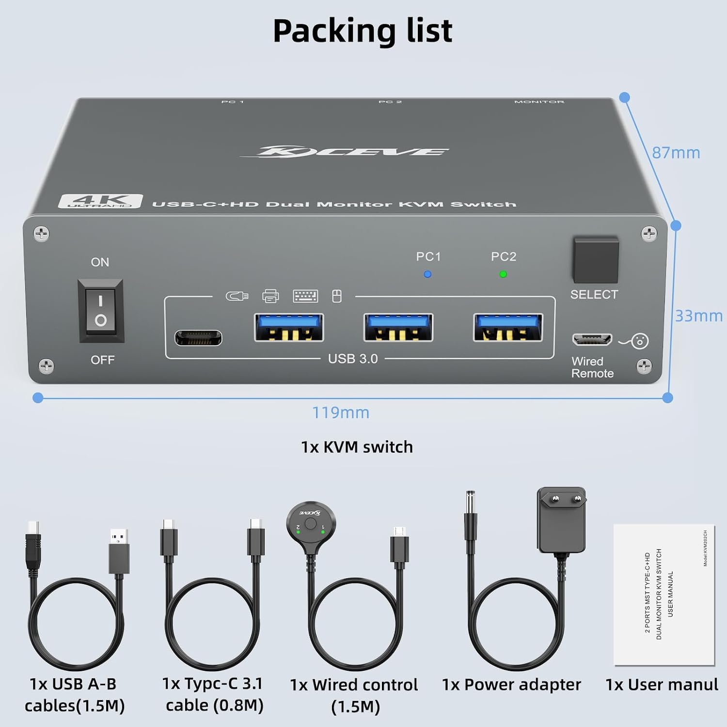 4K@60Hz KVM Switch 2 Monitors 1 Laptop 1 Desktop, USB C Docking Station KVM Switch for 1 Desktop 1 L