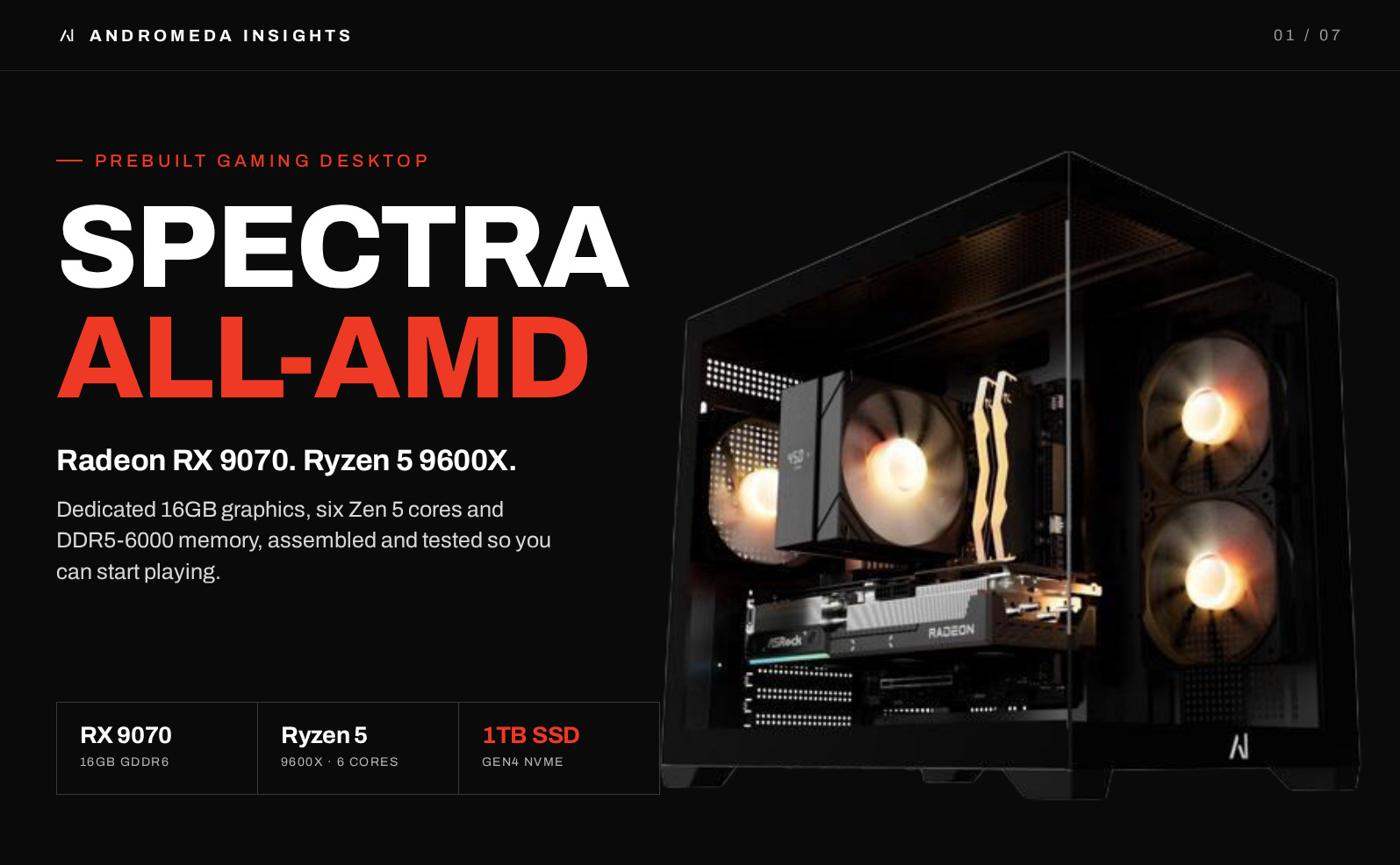 Spectra gaming desktop with Radeon RX 9070 and Ryzen 5 9600X