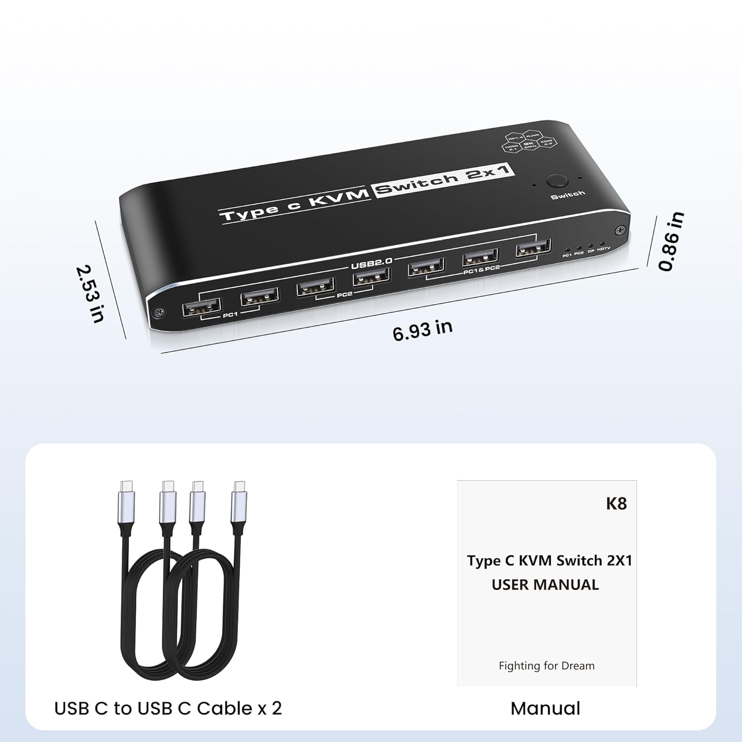 Hitoor Type-C KVM Switch for 2 Laptops Share 1 Monitor, KVM Switch Docking Station with 7 USB-A Port