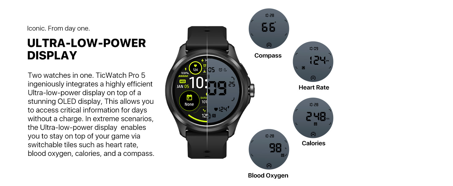  Ticwatch Pro 5 Smartwatch for Men Snapdragon W5+ Gen 1 Wear OS  Smart Watch 80 Hrs Long Battery Life Health Fitness Tracking 5ATM Water  Resistance GPS Compass Android Only Compatible, Obsidian : Electronics