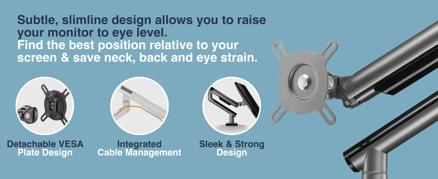 slim monitor arm, minimalist monitor mount, single monitor arm, low-profile, ergonomic, gas spring
