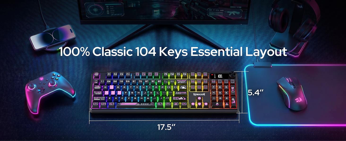 Redragon K526 PRO Wireless RGB Membrane Gaming Keyboard, LED Screen & Knob | See Battery, Mode & Tim