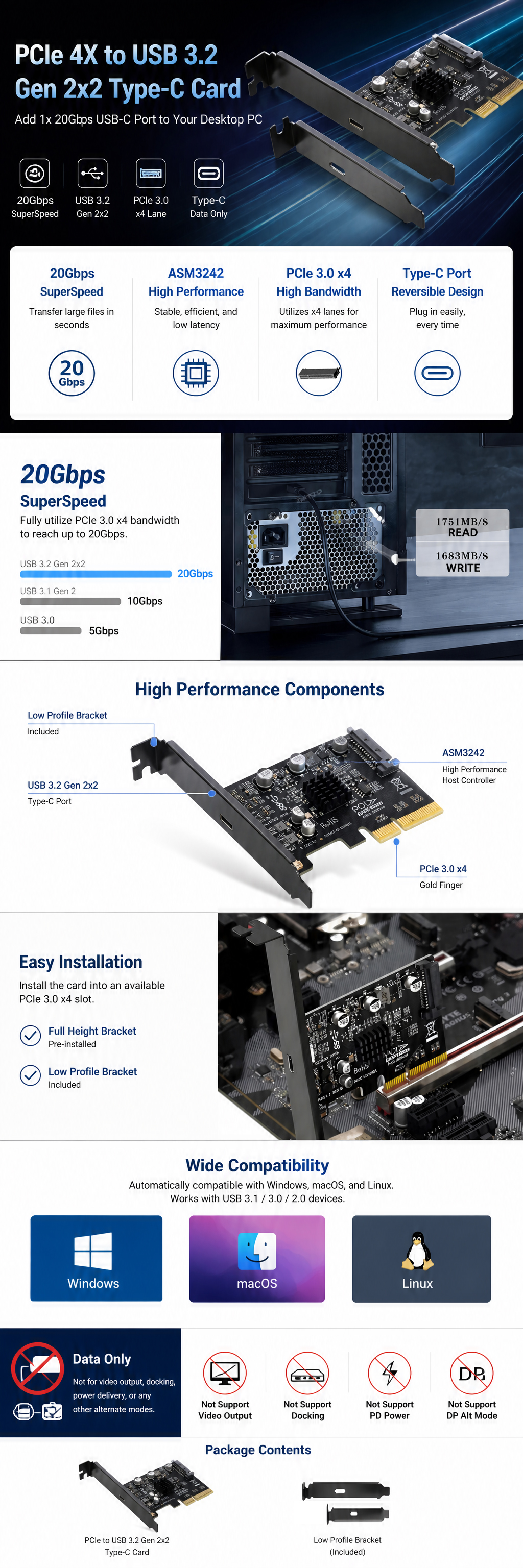 PCIE X4 TO USB C 20G adapter card