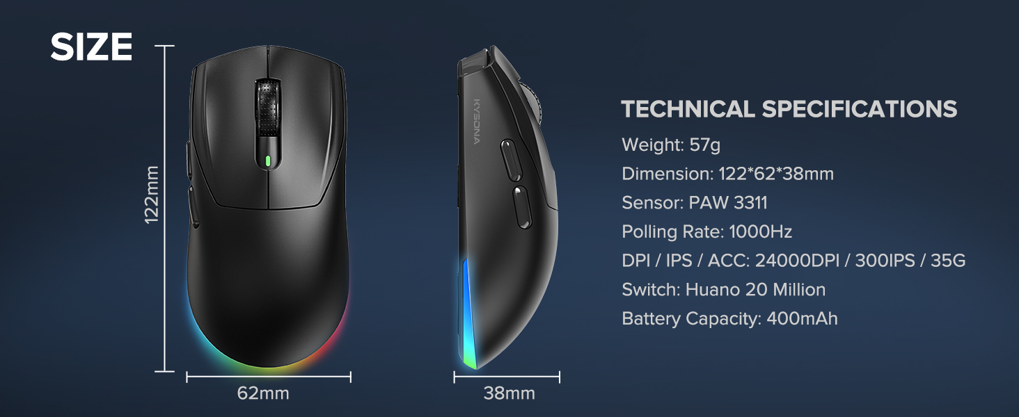 Wireless Gaming Mouse, 12000 DPI, Tri-Mode Bluetooth Gaming Mouse Wireless, Lightweight, 80Hrs Batte