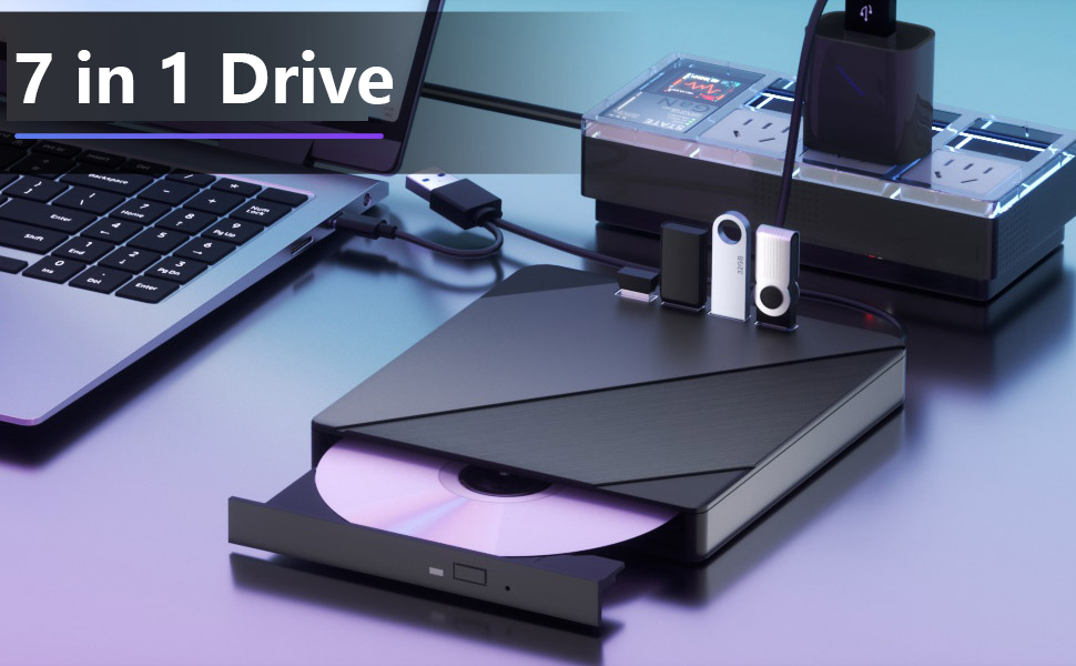 IHDAPP [7 in 1] External CD DVD Drive for Laptop with 4 USB Ports and TF/SD Card Slots USB 3.0 Porta