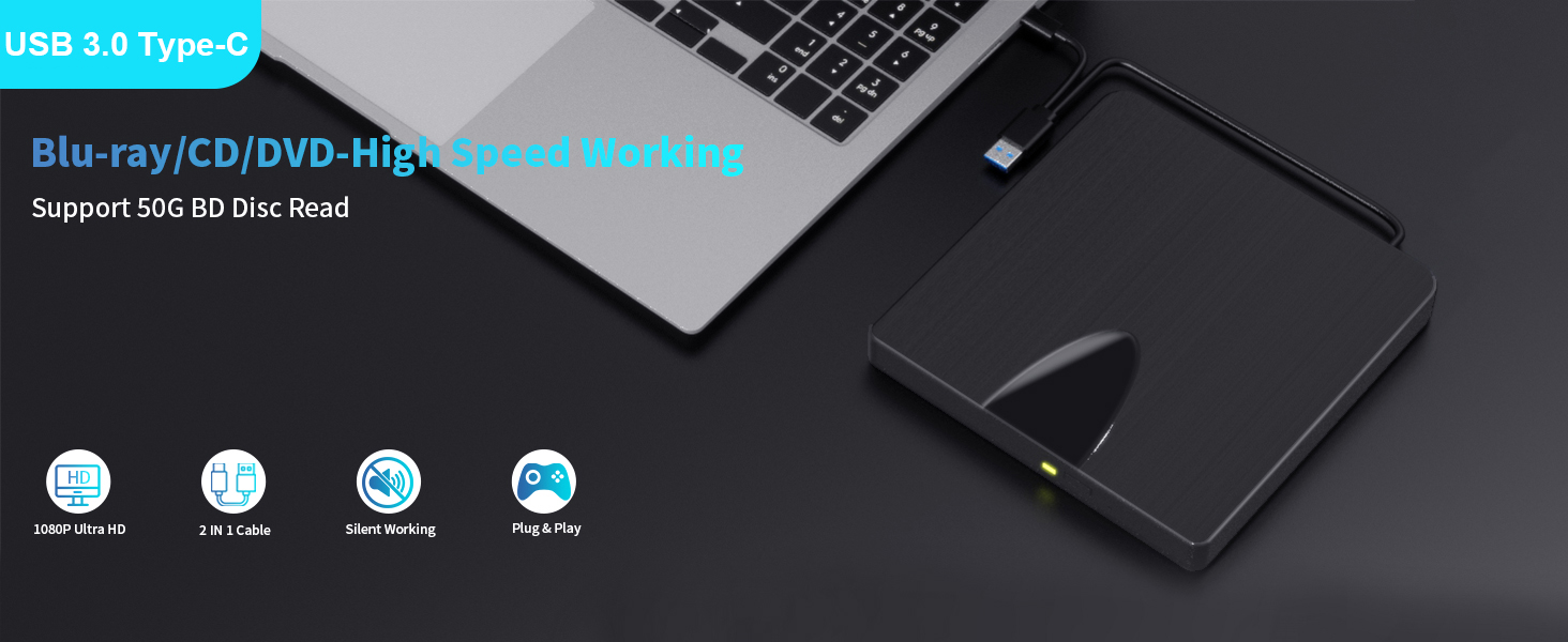 External Blu Ray Drive, USB 3.0 and Type-C Blu Ray Burner Portable Blu Ray DVD/CD/BD Player