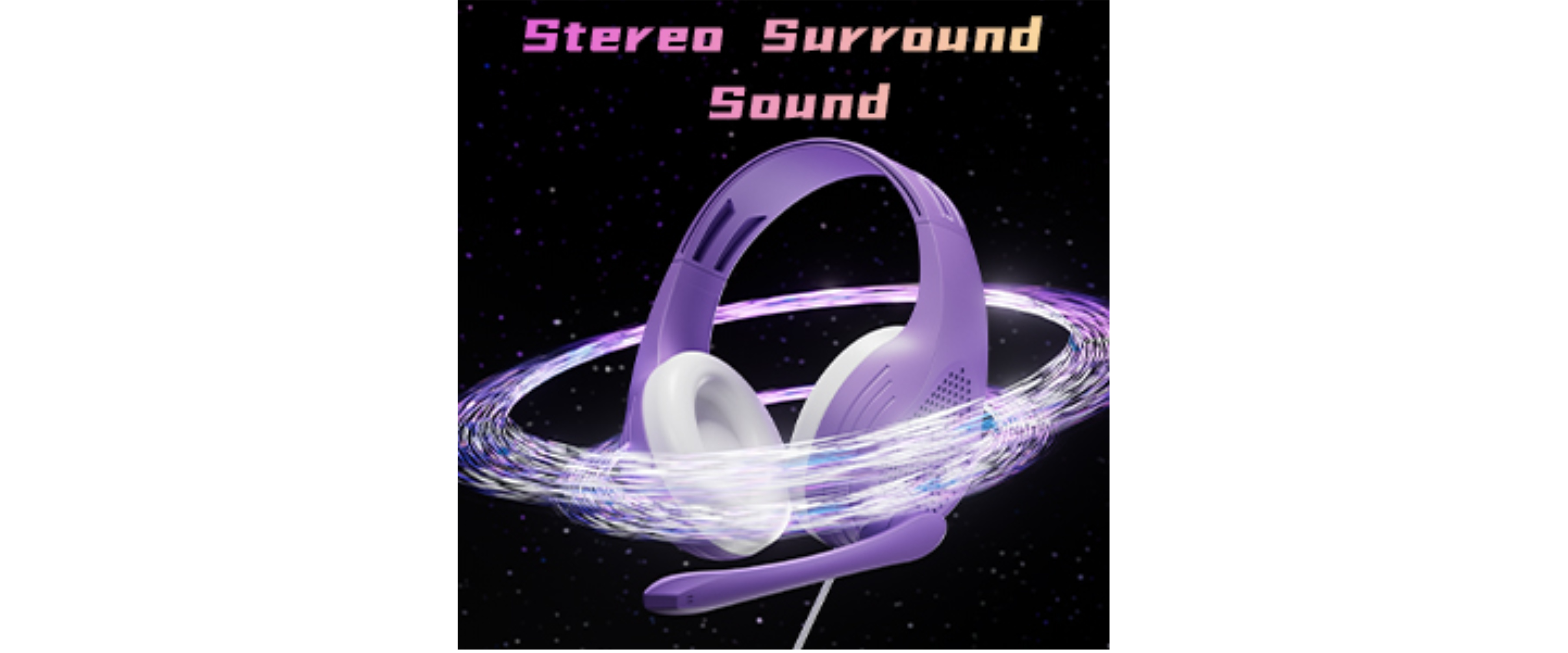 Purple wired headset, surround sound, star background, audio ring