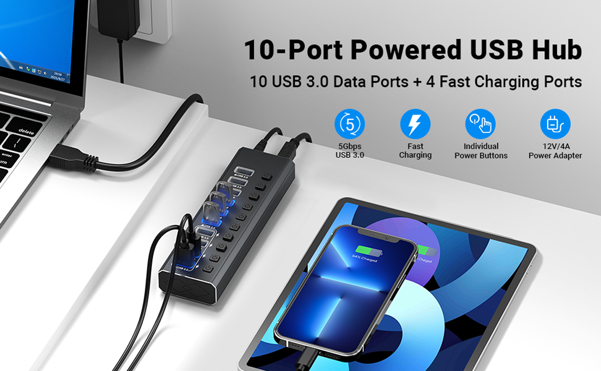 Powered USB Hub [Durable Aluminum] USB Hub 3.0 Powered, Individual Switch  Buttons Smart Charging USB Port Expander Fit for External Hard Drive