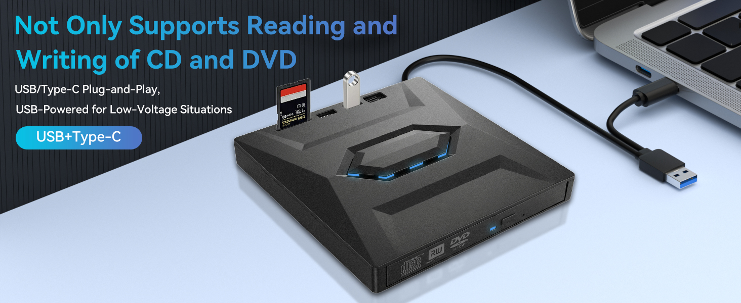 External CD DVD drive, 5-in-1 Multifunctional USB 3.0 Type C External DVD Drive, with SD/TF card rea